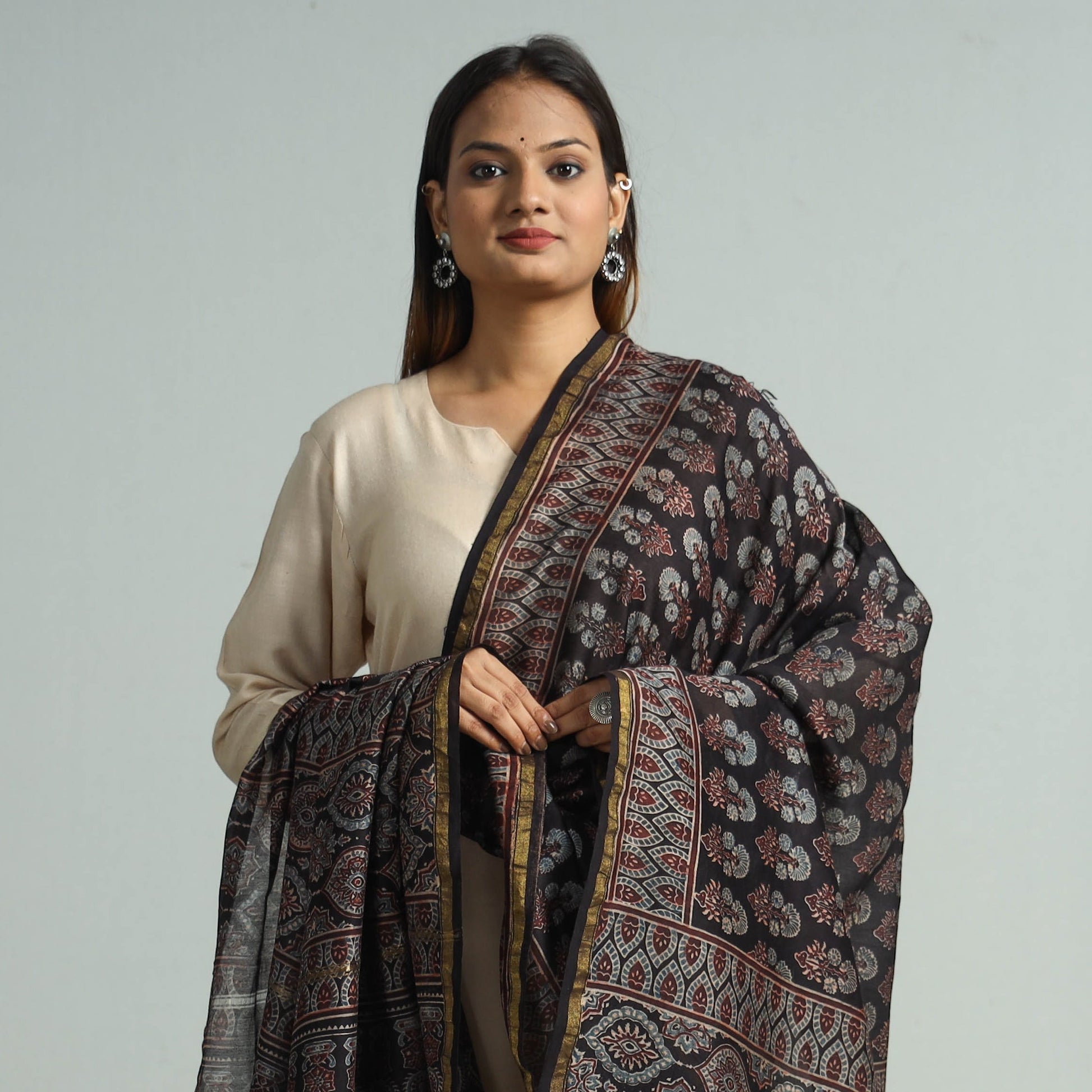 Black - Hand Block Print Chanderi Silk Ajrakh Dupatta 67