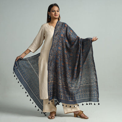 Blue - Hand Block Print Chanderi Silk Ajrakh Dupatta 68