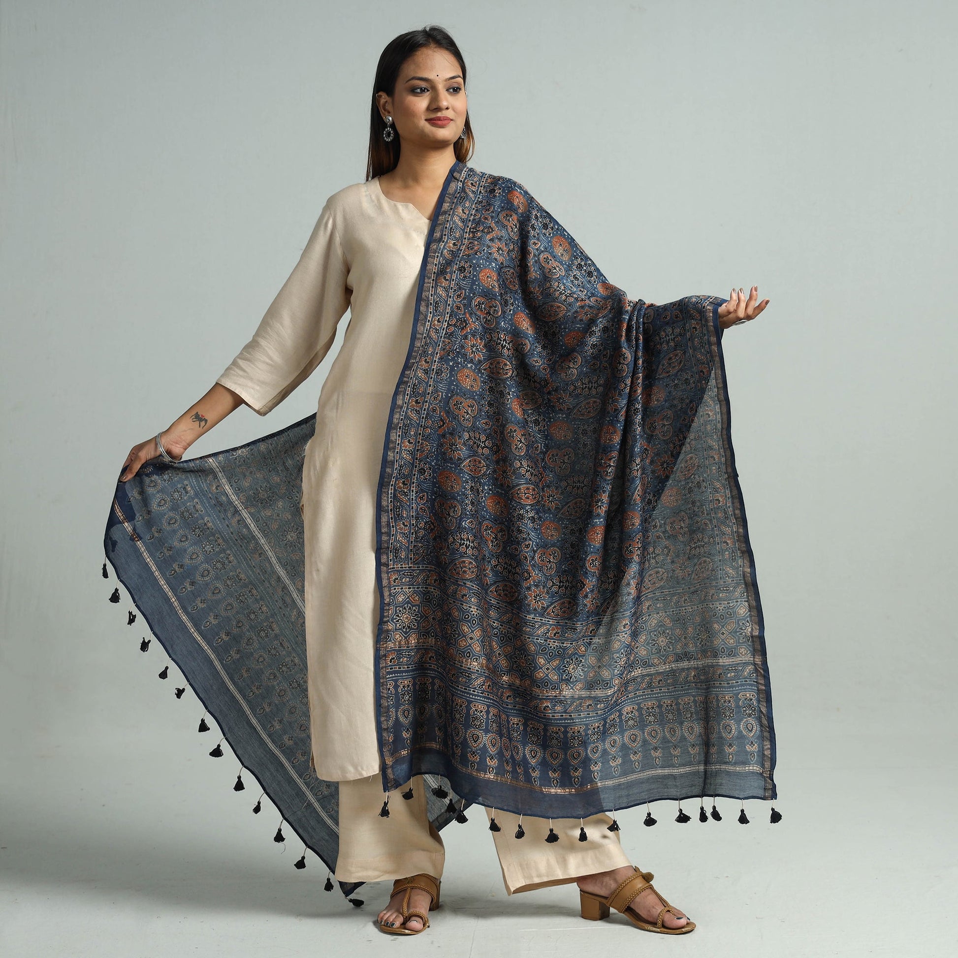 Blue - Hand Block Print Chanderi Silk Ajrakh Dupatta 68