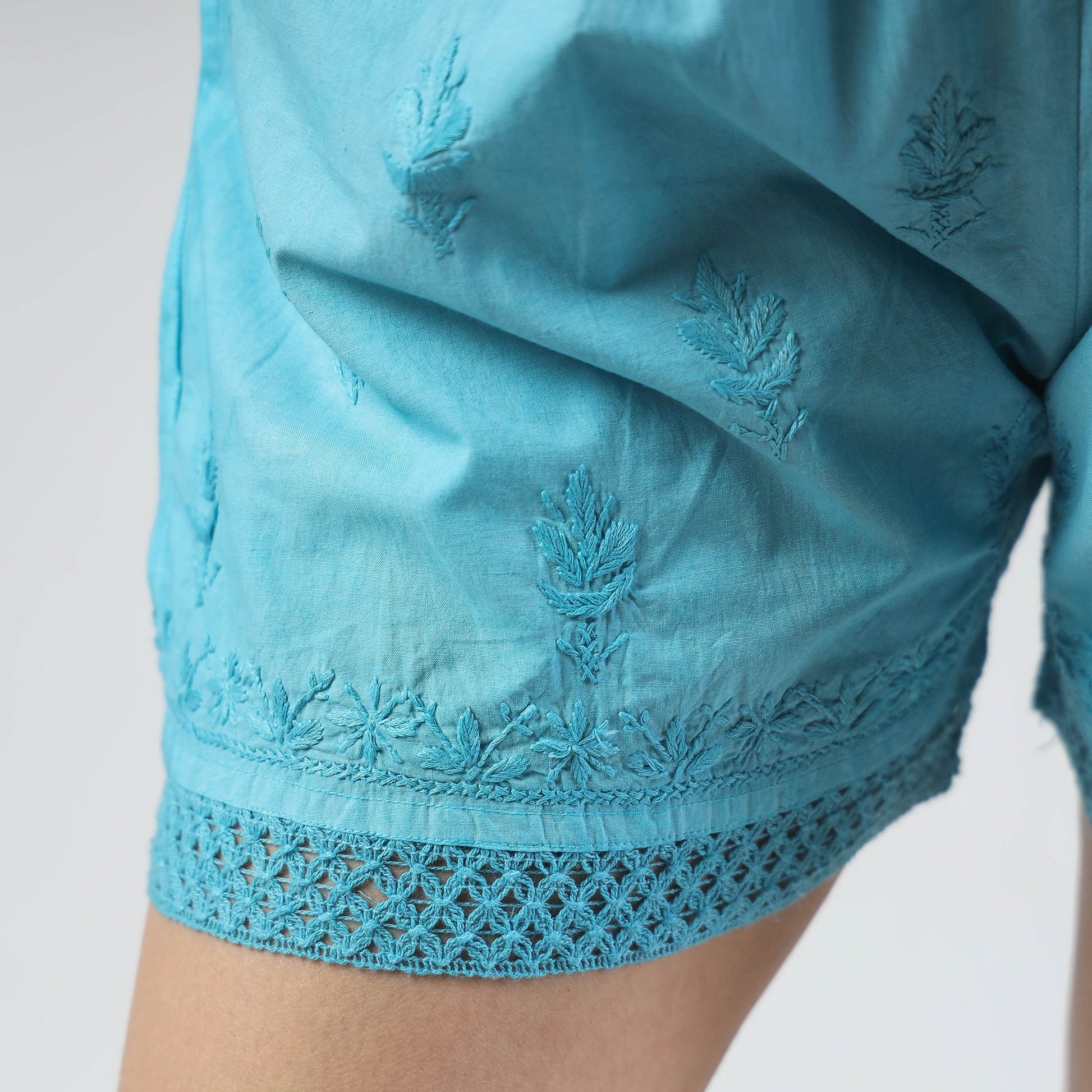 Blue - Chikankari Hand Embroidered Cotton Short
