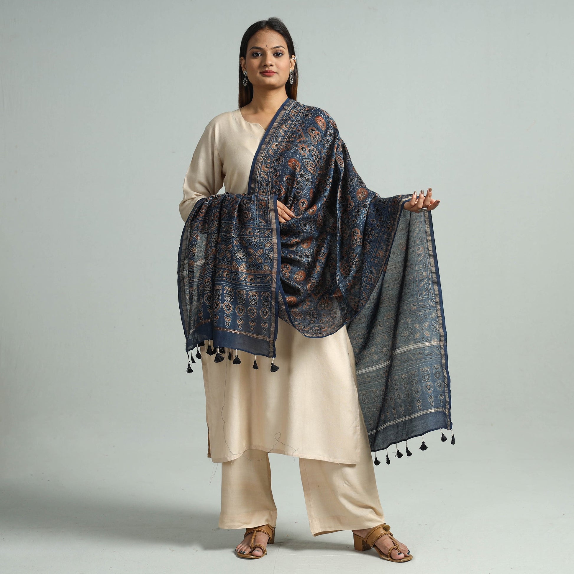 Blue - Hand Block Print Chanderi Silk Ajrakh Dupatta 68