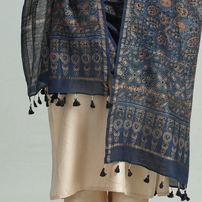 Blue - Hand Block Print Chanderi Silk Ajrakh Dupatta 68