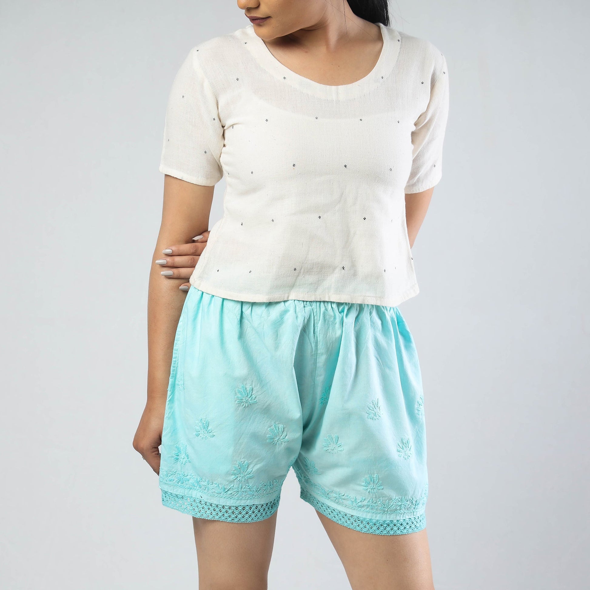 Blue - Chikankari Hand Embroidered Cotton Short