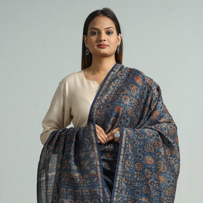 Blue - Hand Block Print Chanderi Silk Ajrakh Dupatta 68