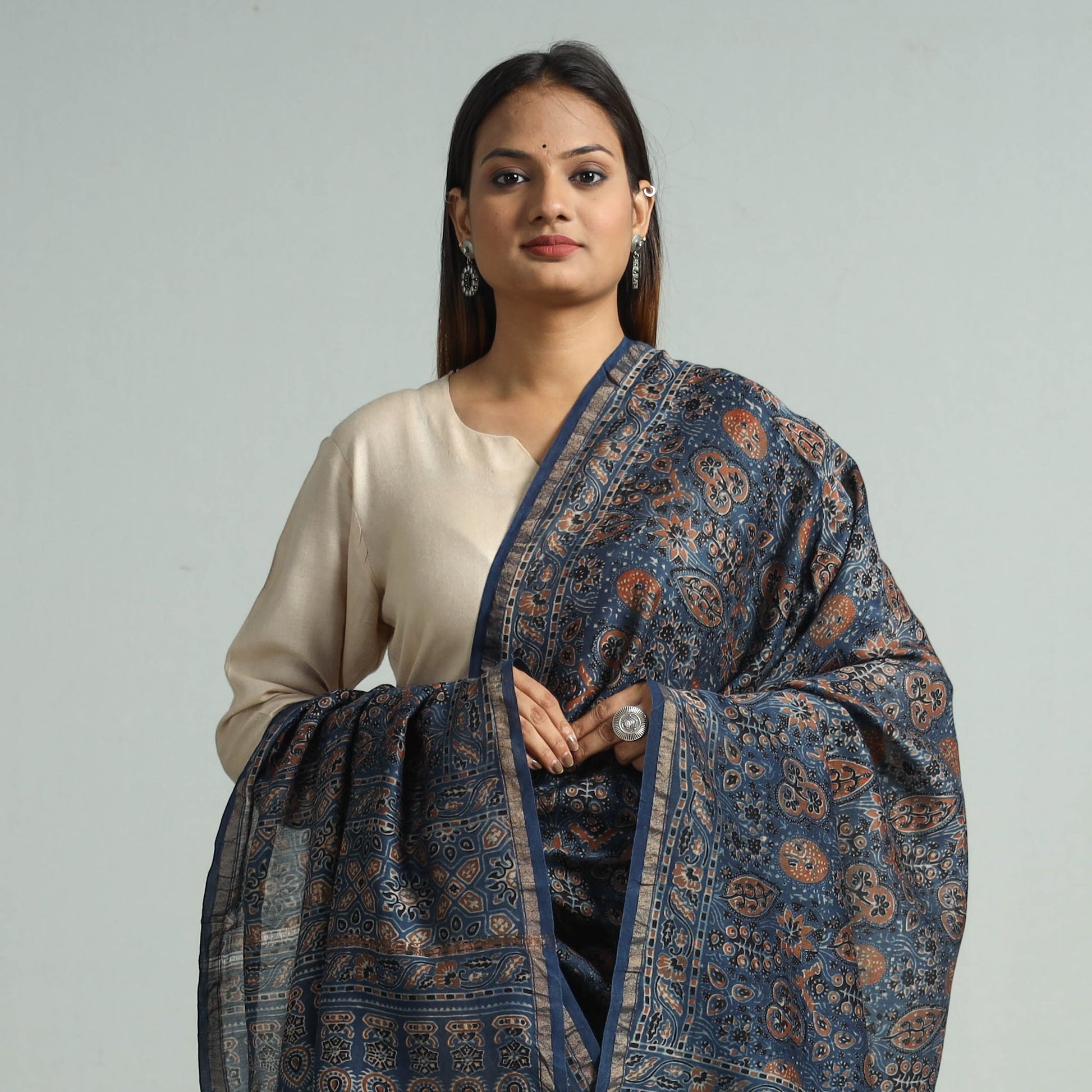 Blue - Hand Block Print Chanderi Silk Ajrakh Dupatta 68