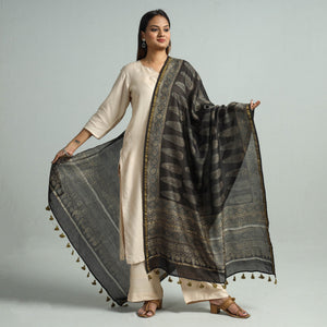 Black - Hand Block Print Chanderi Silk Ajrakh Dupatta 69