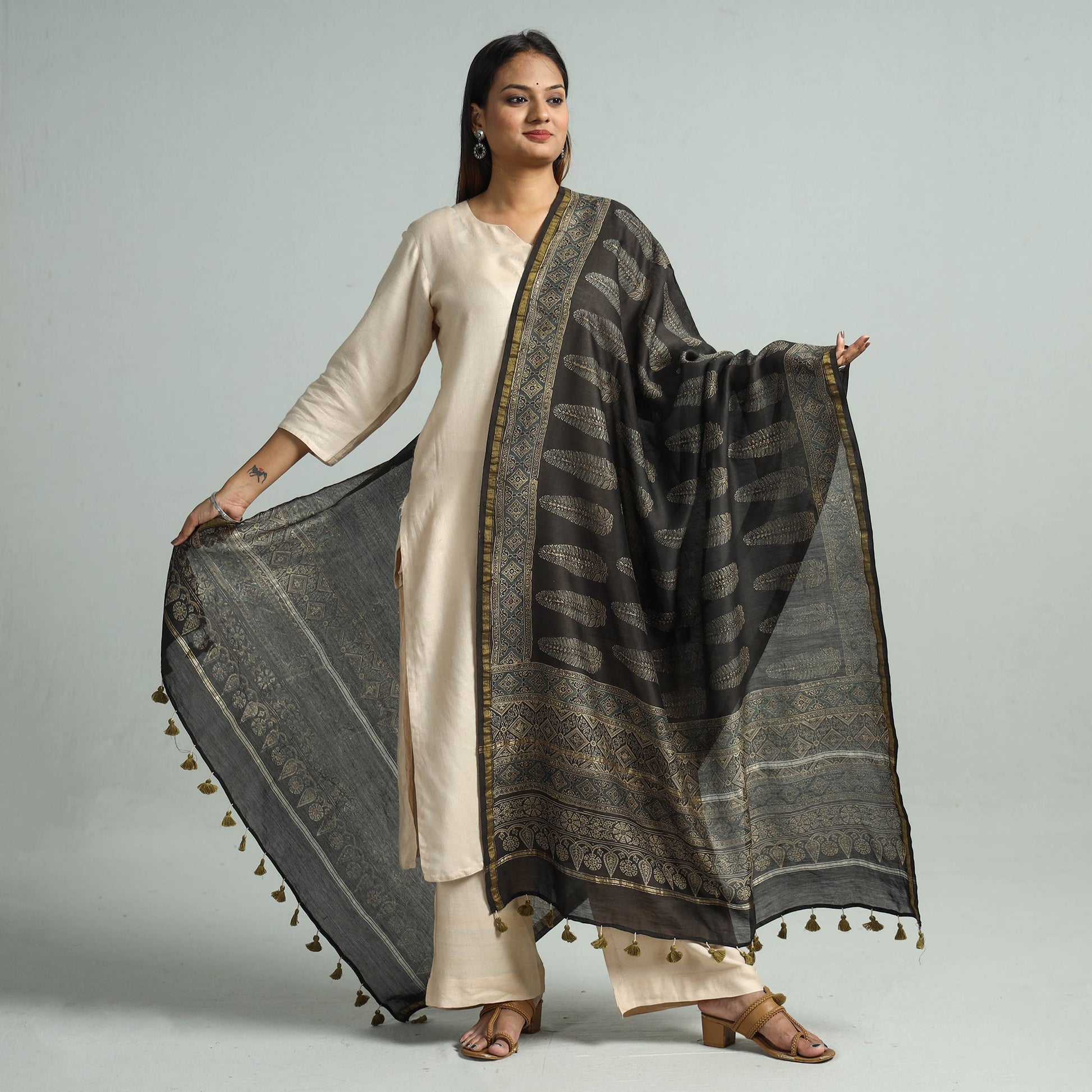 Black - Hand Block Print Chanderi Silk Ajrakh Dupatta 69