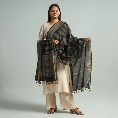 Black - Hand Block Print Chanderi Silk Ajrakh Dupatta 69
