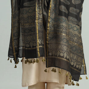 Black - Hand Block Print Chanderi Silk Ajrakh Dupatta 69