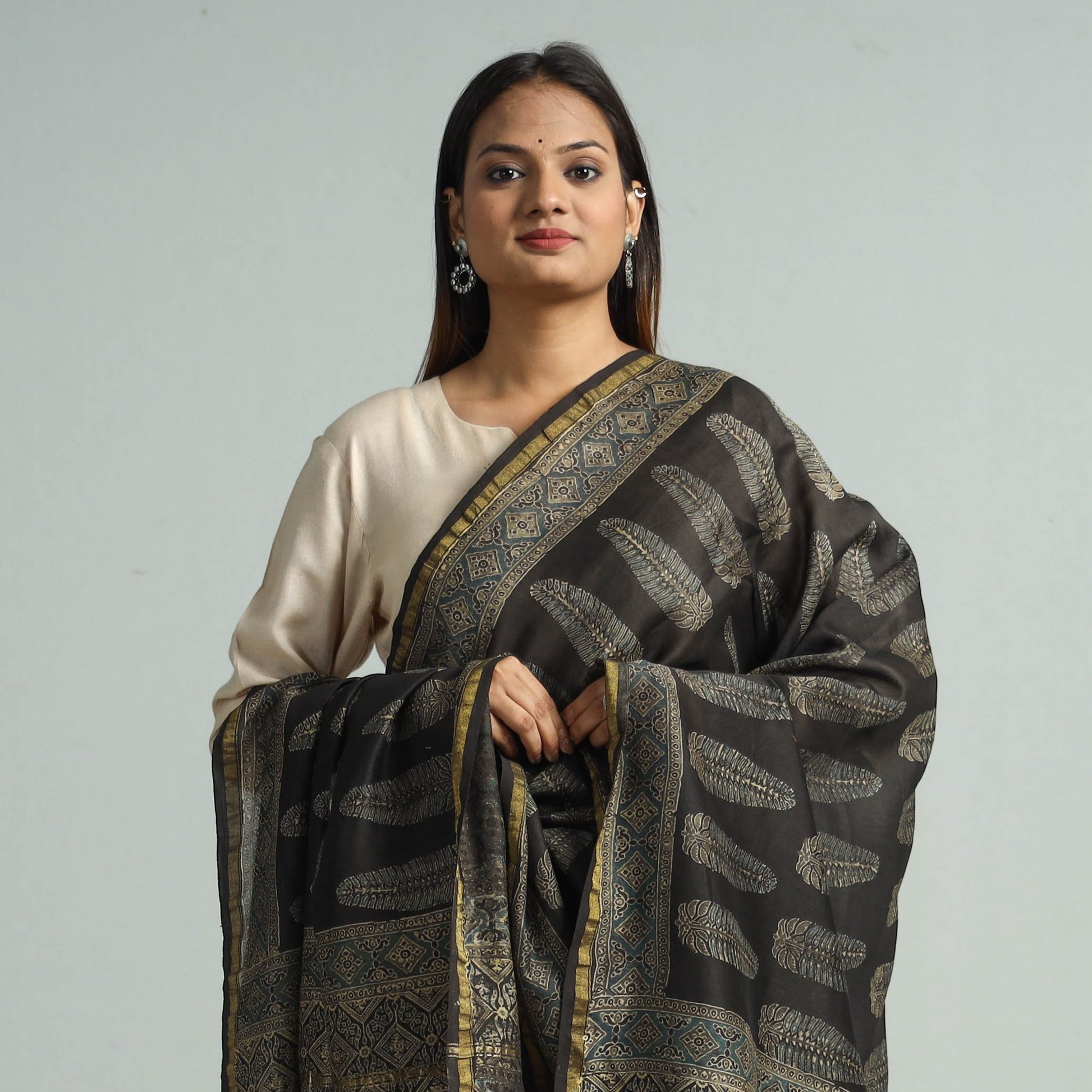 Black - Hand Block Print Chanderi Silk Ajrakh Dupatta 69