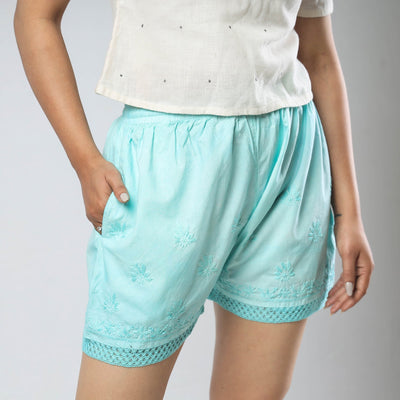 Blue - Chikankari Hand Embroidered Cotton Short