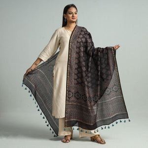 Black - Hand Block Print Chanderi Silk Ajrakh Dupatta 70
