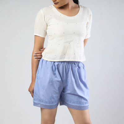 Blue - Chikankari Hand Embroidered Cotton Short