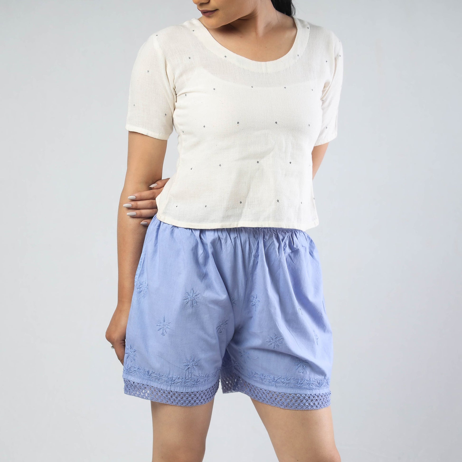 Blue - Chikankari Hand Embroidered Cotton Short