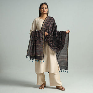 Black - Hand Block Print Chanderi Silk Ajrakh Dupatta 70