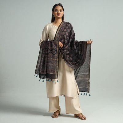 Black - Hand Block Print Chanderi Silk Ajrakh Dupatta 70