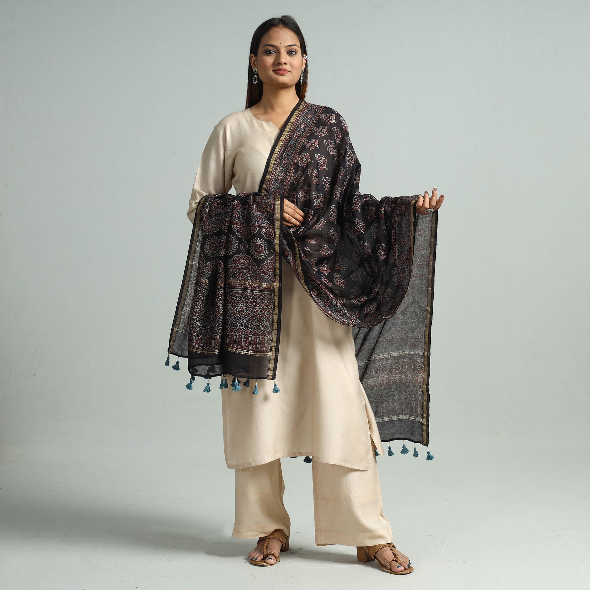 Black - Hand Block Print Chanderi Silk Ajrakh Dupatta 70