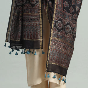 Black - Hand Block Print Chanderi Silk Ajrakh Dupatta 70