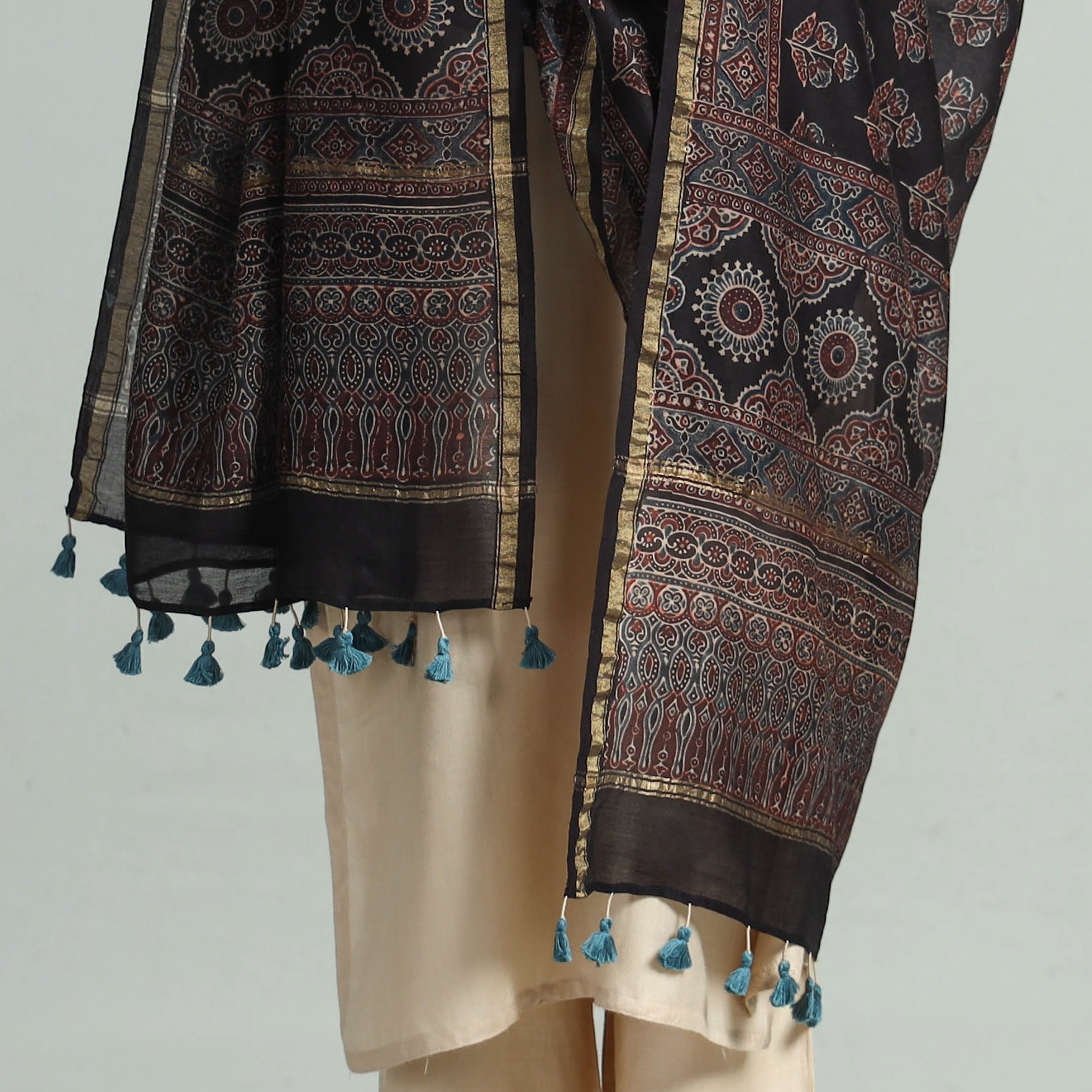 Black - Hand Block Print Chanderi Silk Ajrakh Dupatta 70
