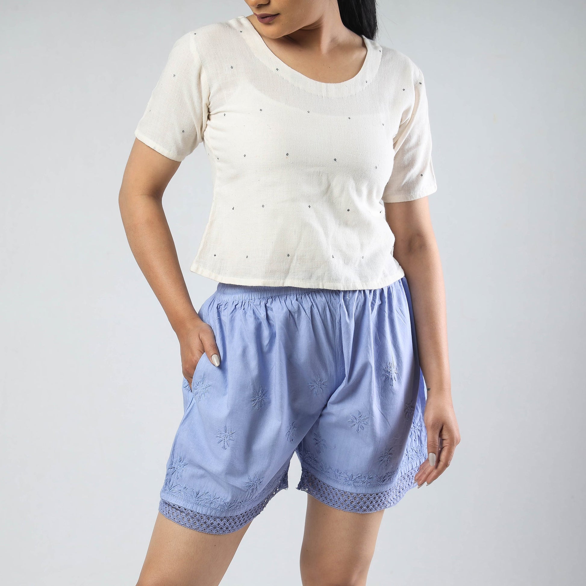 Blue - Chikankari Hand Embroidered Cotton Short