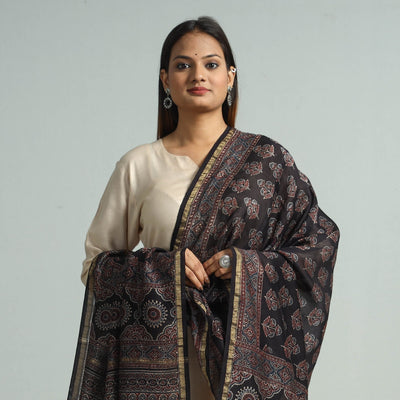 Black - Hand Block Print Chanderi Silk Ajrakh Dupatta 70