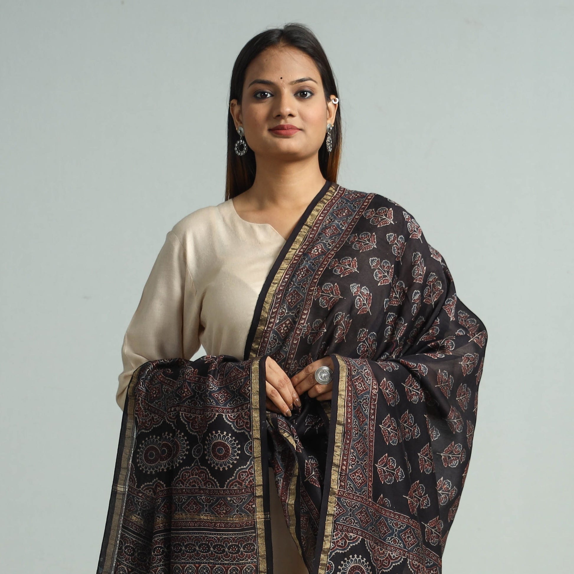 Black - Hand Block Print Chanderi Silk Ajrakh Dupatta 70