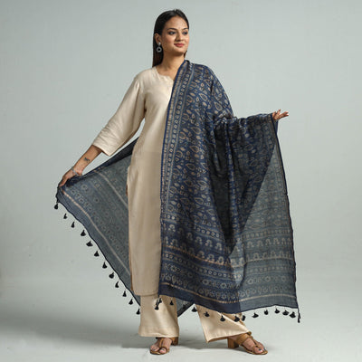 Blue - Hand Block Print Chanderi Silk Ajrakh Dupatta 72