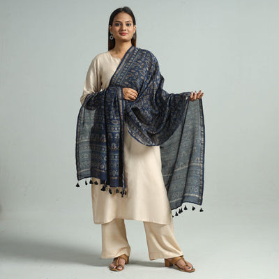 Blue - Hand Block Print Chanderi Silk Ajrakh Dupatta 72