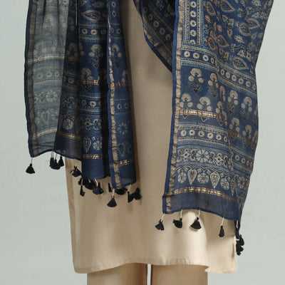 Blue - Hand Block Print Chanderi Silk Ajrakh Dupatta 72