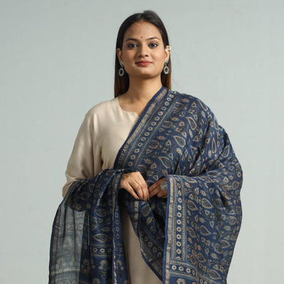 Blue - Hand Block Print Chanderi Silk Ajrakh Dupatta 72