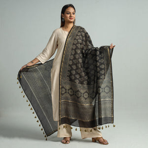 Black - Hand Block Print Chanderi Silk Ajrakh Dupatta 73