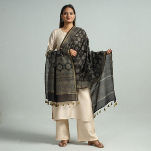 Black - Hand Block Print Chanderi Silk Ajrakh Dupatta 73