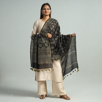 Black - Hand Block Print Chanderi Silk Ajrakh Dupatta 73