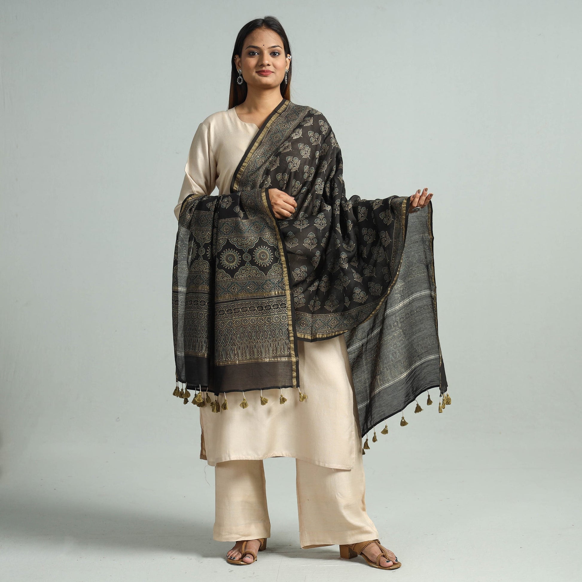 Black - Hand Block Print Chanderi Silk Ajrakh Dupatta 73