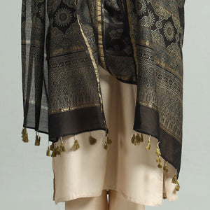Black - Hand Block Print Chanderi Silk Ajrakh Dupatta 73