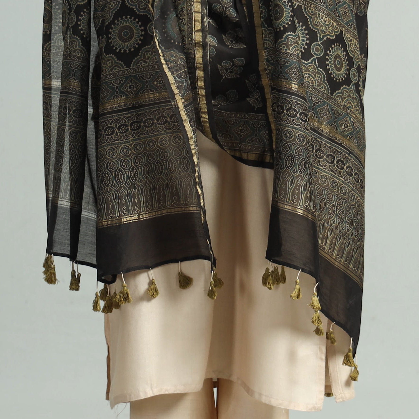 Black - Hand Block Print Chanderi Silk Ajrakh Dupatta 73