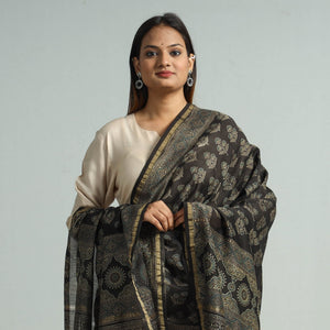 Black - Hand Block Print Chanderi Silk Ajrakh Dupatta 73