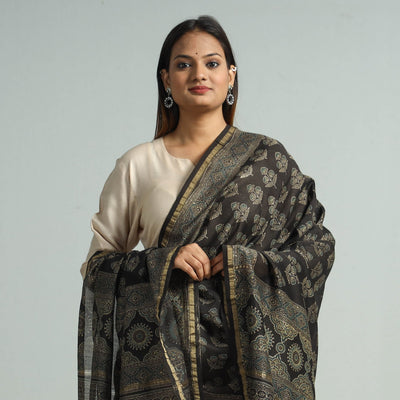 Black - Hand Block Print Chanderi Silk Ajrakh Dupatta 73