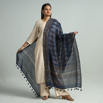 Blue - Hand Block Print Chanderi Silk Ajrakh Dupatta 74