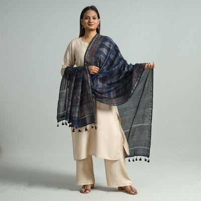 Blue - Hand Block Print Chanderi Silk Ajrakh Dupatta 74