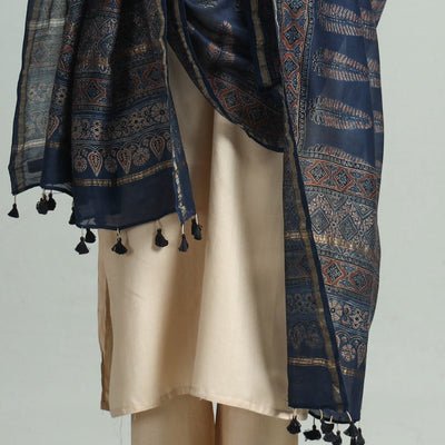 Blue - Hand Block Print Chanderi Silk Ajrakh Dupatta 74