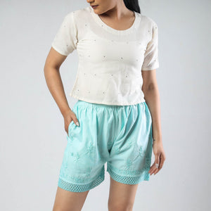 Blue - Chikankari Hand Embroidered Cotton Short