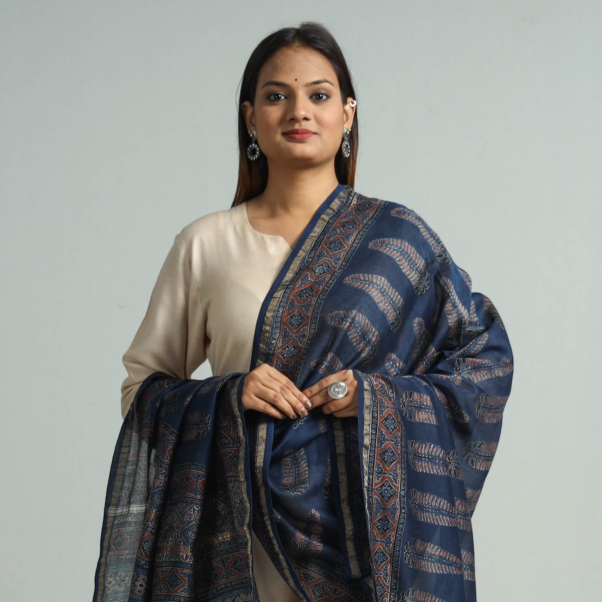 Blue - Hand Block Print Chanderi Silk Ajrakh Dupatta 74