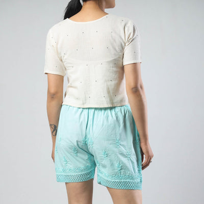 Blue - Chikankari Hand Embroidered Cotton Short