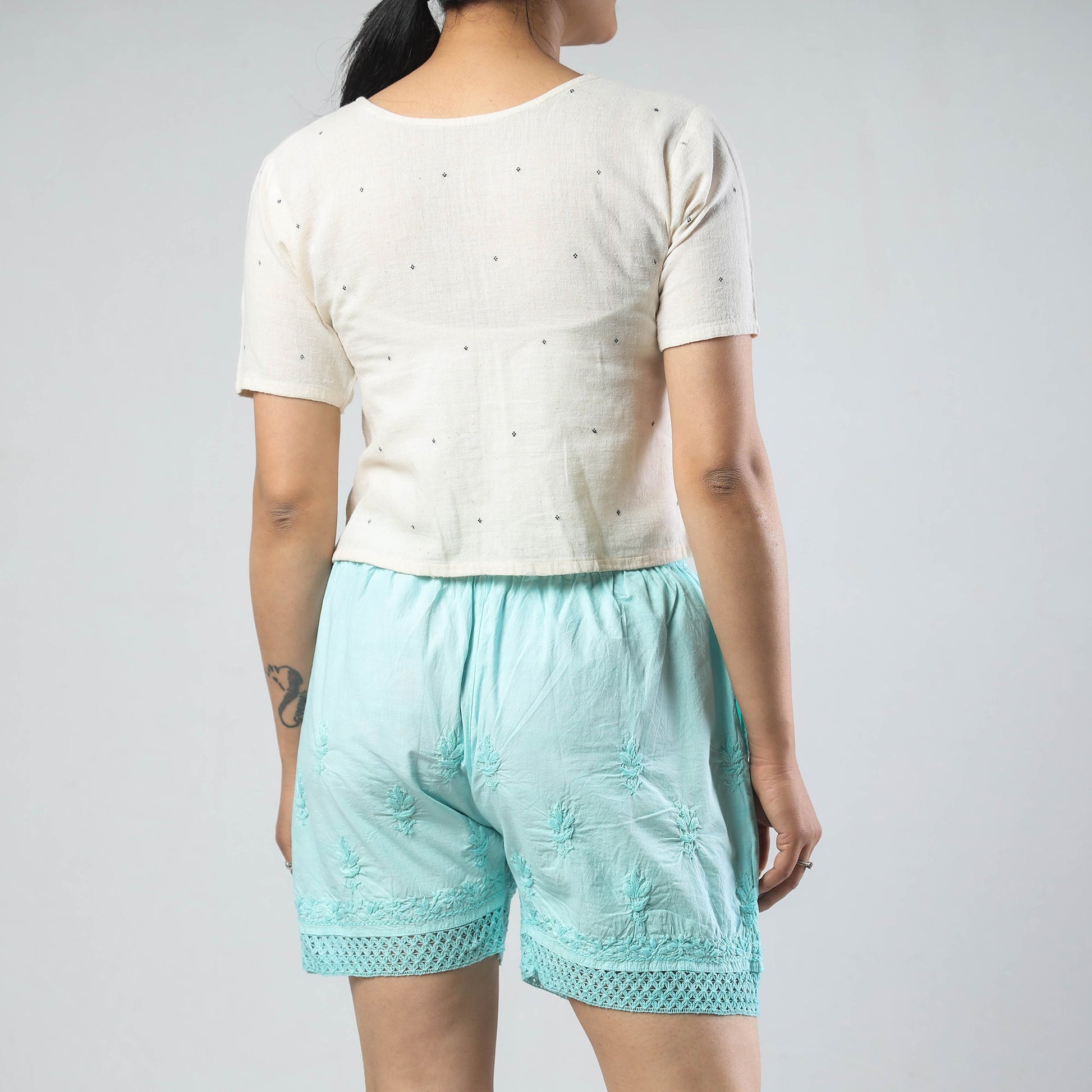 Blue - Chikankari Hand Embroidered Cotton Short