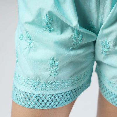 Blue - Chikankari Hand Embroidered Cotton Short