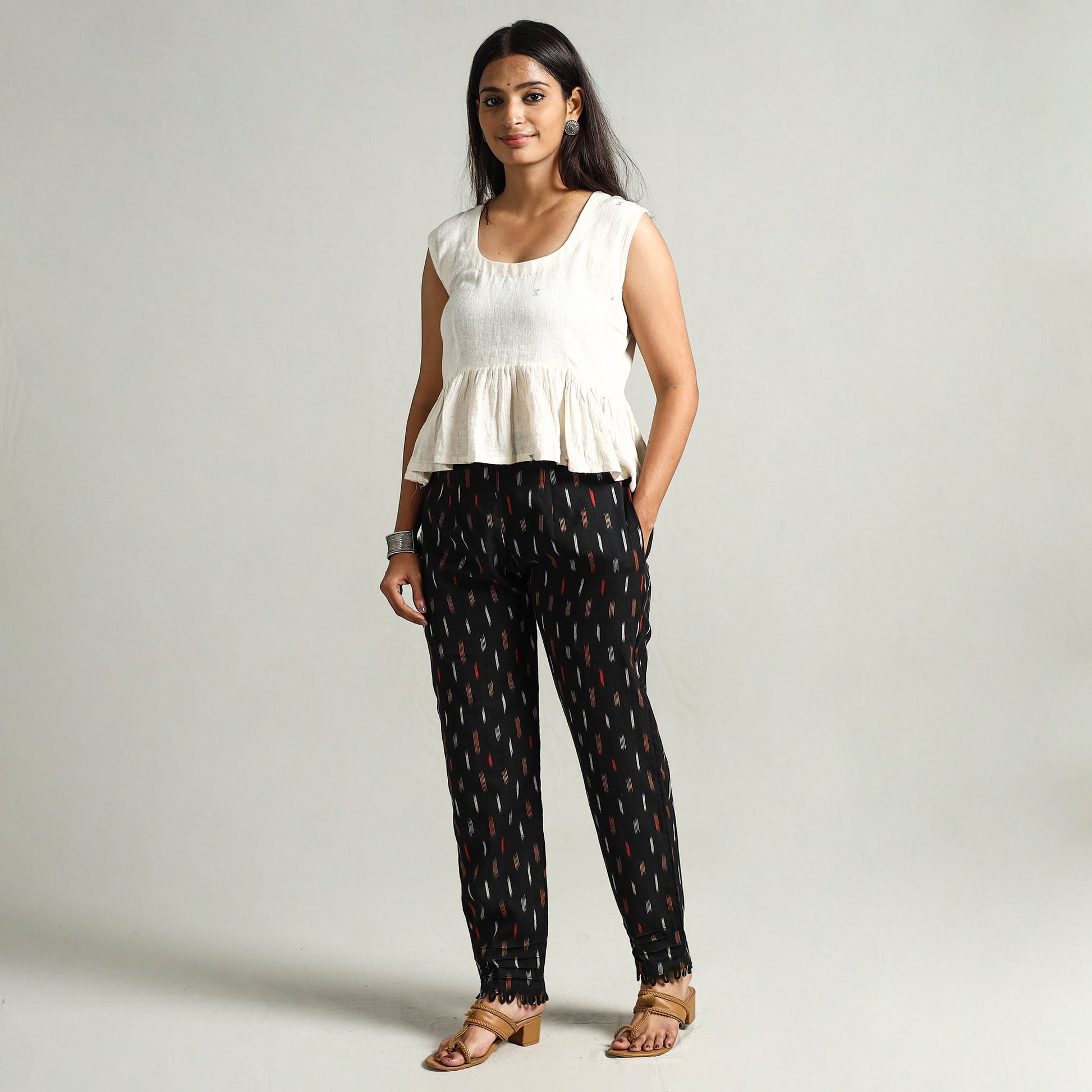 Black - Pochampally Ikat Weave Cotton Elasticated Pant 02