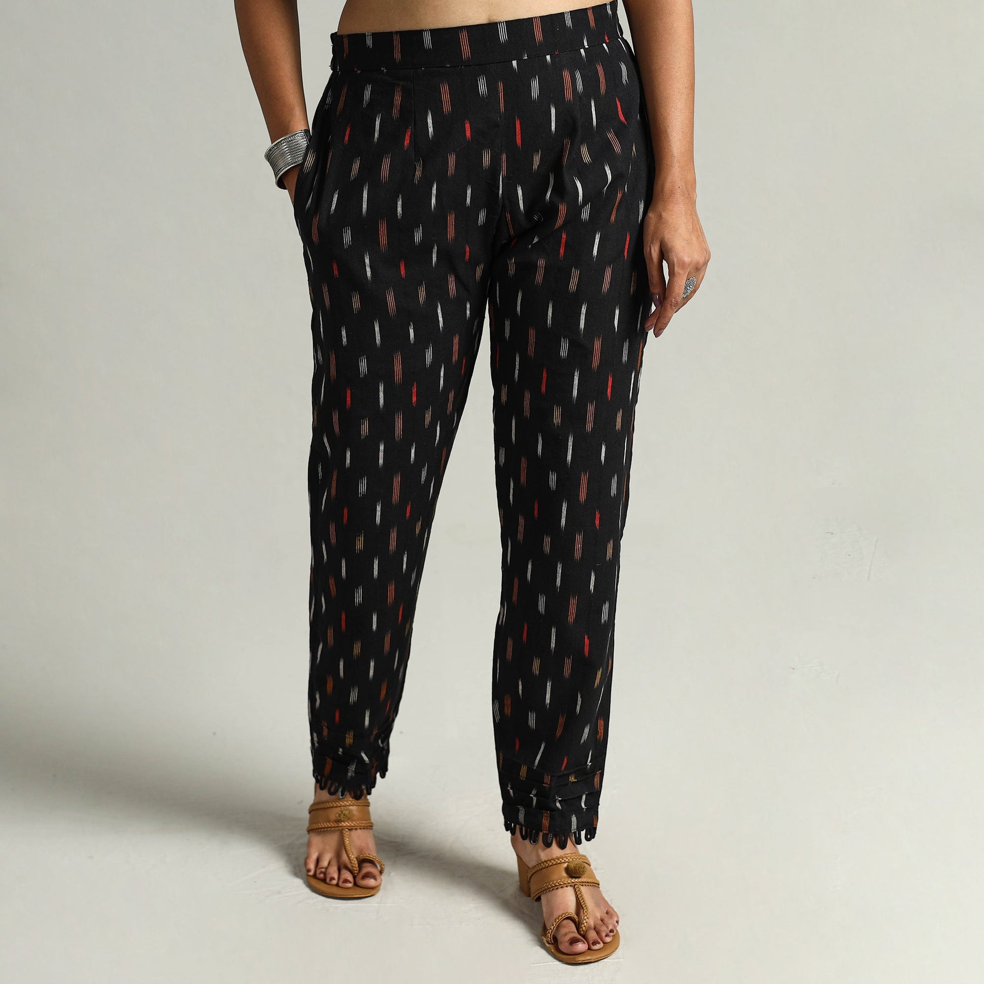 Black - Pochampally Ikat Weave Cotton Elasticated Pant 02