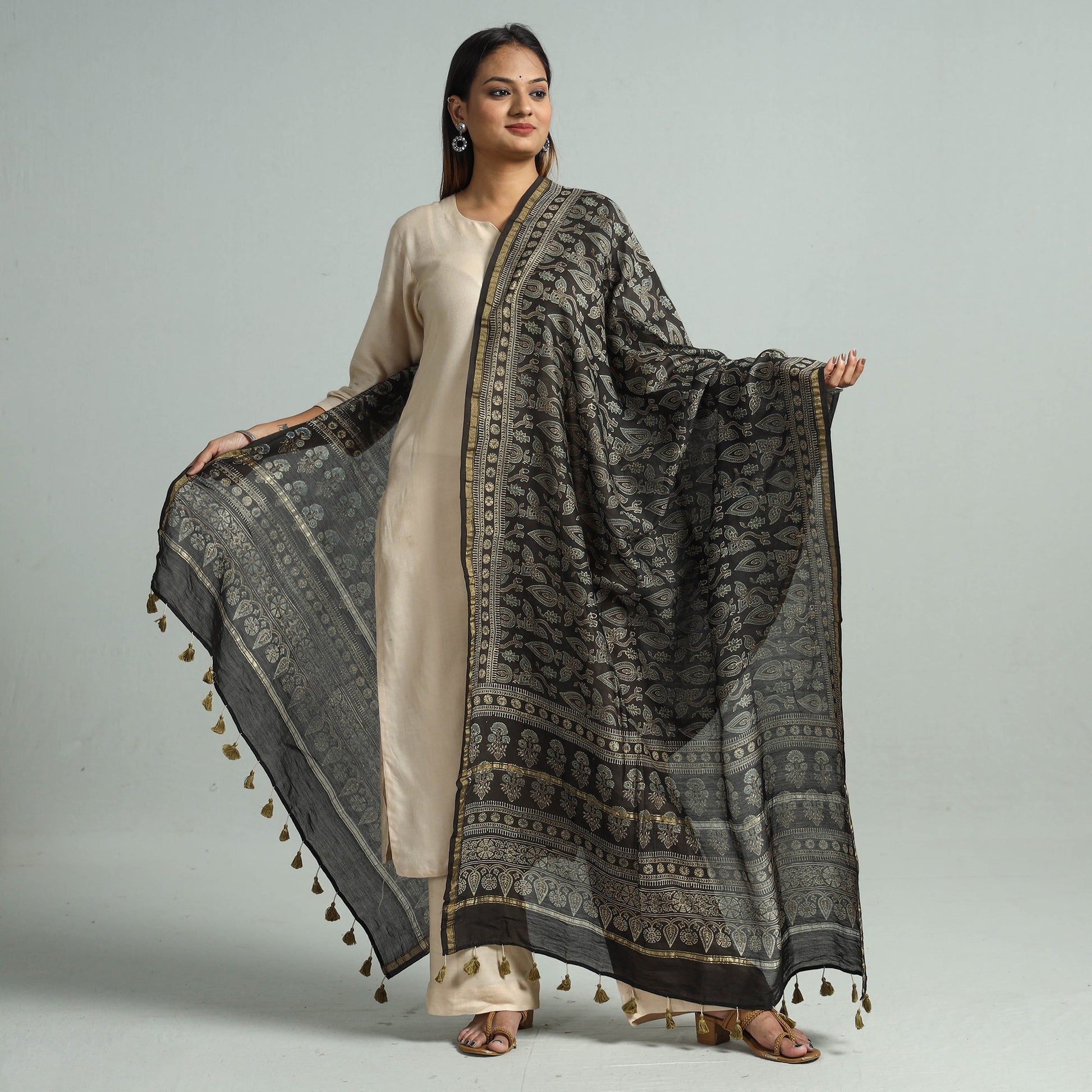Black - Hand Block Print Chanderi Silk Ajrakh Dupatta 77