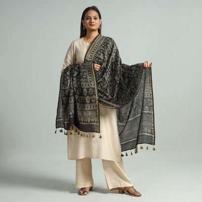 Black - Hand Block Print Chanderi Silk Ajrakh Dupatta 77